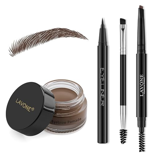 LAVONE Eyebrow Makeup Kit, Waterproof Brow Pencil, Pomade, Eyeliner - Dark Brown 4-in-1