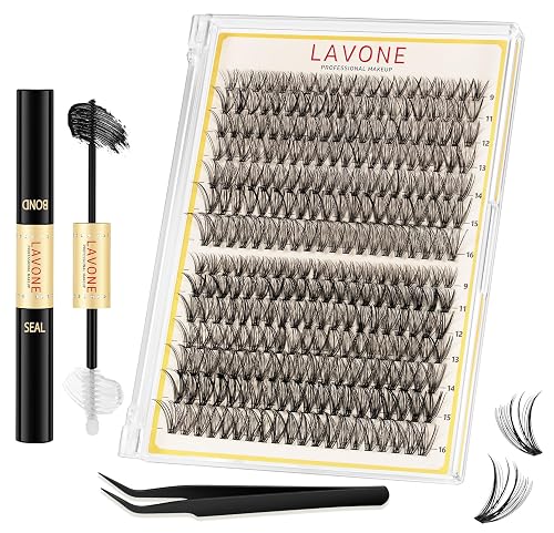 LAVONE Lash Clusters Kit, 280Pcs D Curl 9-16mm - 30D 40D with Bond, Seal & Tweezers